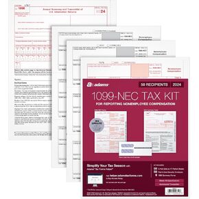 Adams 1099 NEC Forms 2024, 3 Part Laser 1099 Forms with Self Seal 1099 Envelopes, for 50 Recipients, Includes 6 1096 Tax Forms (1009314)