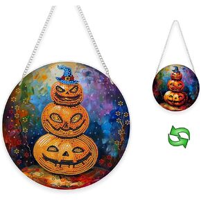 Yunzlly DIY Hanging Diamond Art Pendant Kit Pumpkin, Special Crystal Halloween Diamonds Painting Ornament Kit for Adults, 9.8x9.8inch Acrylic Board Gem Painting Box Kit (Castle and Pumpkin)