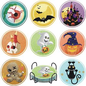 8 Pcs Christmas Diamond Art Painting Coasters Kit with Holder, Winter DIY Diamond Art Coaster Cork Mat Kits Set of 8, Anime Cartoon Full Drill Gem Art Crafts for Adults Gift Home Decor