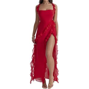 Womens High Slit Bodycon Maxi Dress Ruffle Flowy Sleeve Square Neck Midi Dress Party Dress