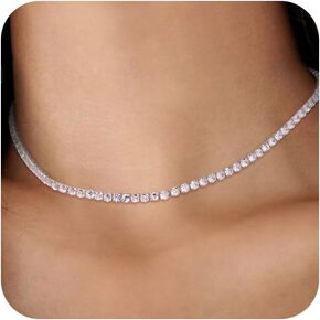 Tennis Necklace for Women, 14K Gold Plated/Sterling Silver Simulated Diamond Zirconia Tennis Chain, Dainty Rhinestone Choker Necklaces for Women Jewelry