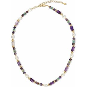 Purple Gold Teal Blue Pearl Amethyst Beaded Natural Stone Healing Statement Necklace Choker for Women, Colorful Quartz Trendy Birthstone Gemstone Bohemian Preppy Retro Bold Handmade Exaggerated Jewelry Gifts, Vintage Unique Cute Baroque Dangly Drop Summer