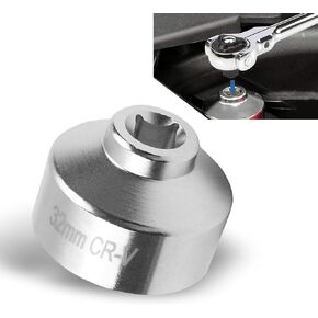 1 Pack 32MM Car Oil Filter Wrench, 3/8In 6-point Vehicle Oil Pan Disassembly Tool, Waterproof Durable Metal Automotive Filter Special Socket Wrench, Universal for Most Cars (Silver)