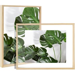 Fixwal 11 x 14 Set of 2 Original Wood Color Floating Frame, Made of Solid Wood Frame, Double Glass Display Design, Desktop or Wall Display, Glass Picture Frame for Photos 11 x 14 or Smaller