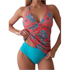 SOLY HUX Women's Floral Print Bikini Tankini Criss Cross Tie Back Bathing Suit Two Piece Swimsuit