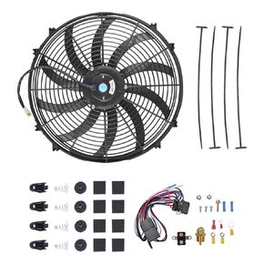SSN 16" Electric Radiator Cooling Fan Thermostat Wiring Switch Relay Kit, Push Pull Electric Radiator Universal Slim Fan with 12V 120W Mount Kit Black