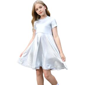 Girls Metallic Dress Kids Sparkly Shiny Dresses Short Sleeve Twirl Swing Dresses