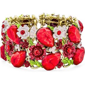 Bling Jewelry Wide Red Crystal Flower Statement Cuff Bracelet for Women Flexible Oxidized Gold Plated