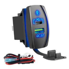 FXC Rocker Switch Style USB Charger with 10A Fuse for Rocker Switch Panel 4.2A PD Type C USB 12V 24V Fast Quick Charge Socket Dual Charging Port for Car Boat ATV UTV (Type C + USB Voltmeter Red)