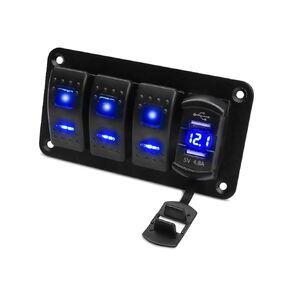 3 Gang Rocker Switch Panel with LED Voltmeter and Dual USB Charger 4.8 Amp, 12V-24V DC Aluminum Toggle Waterproof Switch with Night Glow Stickers for Boats Car Trucks Pickup RV ATV UTV SUV 5 Pin