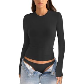 Womens Cotton Long Sleeve Shirts Crew Neck Slim Fit Basic Going Out Crop Outfits for Spring Fall 2025