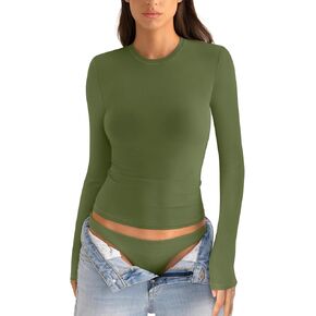 Womens Cotton Long Sleeve Shirts Crew Neck Slim Fit Basic Going Out Crop Outfits for Spring Fall 2025