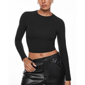INLYRIC Women's Inbarely Soft Long Sleeve Tops Crew Neck Slim Fit Double Lined Basic Casual Going Out Y2K Tees Shirts