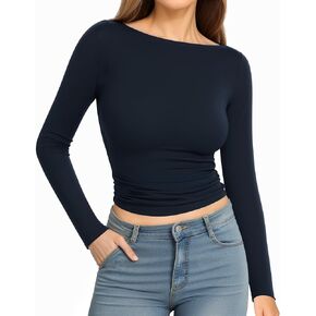 MANGOPOP Long Sleeve Shirts for Women Boat Neck Top Slim Fit T Shirt Tight Tops Tee in Kuwait