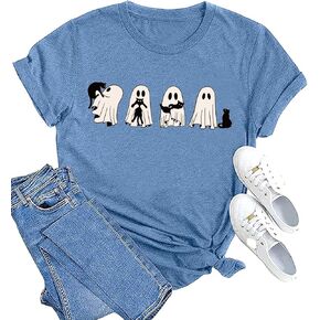 Ghost Halloween T-Shirt for Women Cute Ghost Cat Graphic Tee Spooky Season Shirt Vintage Short Sleeve Casual Fall Tops