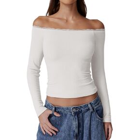 QINSEN Women's Off Sholder Ribbed Shirts Long Sleeve Double Lined Tops Slim Fit Lace Going Out Tops