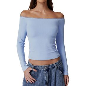 QINSEN Women's Off Sholder Ribbed Shirts Long Sleeve Double Lined Tops Slim Fit Lace Going Out Tops