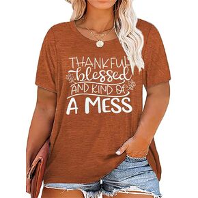 Plus Size Thankful Blessed and Kind of A Mess Shirt Women Thanksgiving Thankful Tshirt Casual Short Sleeve Fall Tee Top