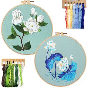 FONNUY 2 Set Crewel Embroidery Kit for Beginners, Fantasy Floral Pre-Stamped Pattern Kits for Adults with Hoop, Easy to Follow Needlework, 8''