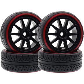 63mm X 26mm Double-Decker Rubber Tires Set 12mm Hex Wheel Rims Compatible with 1/10 HSP Tamiya Kyosho On-Road Racing Touring Cars (4-Pack)