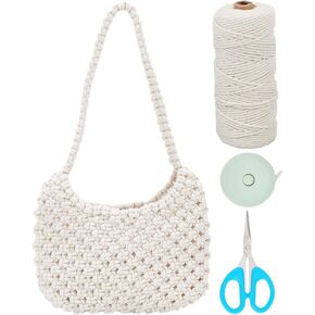 WEBEEDY Macrame Bag Kit DIY Macrame Shoulder Bag Making Kit Bohemian Summer Bags White Handwoven Purse Bag Handbag Macrame Armpit Bag Kit with Cotton Cord and Instructions for Adults Beginners