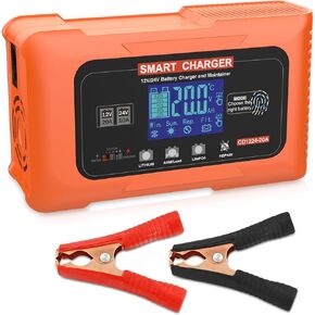 20A Smart Car Battery Charger, 12V 24V Lithium LiFePO4 Lead Acid Battery Charger, Trickle Charger, Battery Maintainer and Desulfurizer with Temperature Compensation for Cars, Boat, Motorcycles