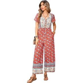 R.Vivimos One Piece Jumpsuits for Women Summer Boho Floral Print Short Sleeve V Neck Drawstring Waist Wide Leg Long Rompers