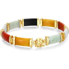 18K Yellow Gold Plated 925 Sterling Silver Genuine Multi-Color Jade Rectangle Link Bracelet, 7.25"