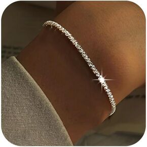 Silver Link Bracelet, Silver Adjustable Chain Bracelets, Dainty Sparkle Chain Bracelet Jewelry for Women