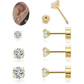 Flat Back Stud Earrings for Women Men:Gold Hypoallergenic Surgical Steel Earrings Studs Screw Back Cubic Zirconia Earrings for Helix Cartilage Conch Tragus Earlobe Piercing Jewelry,3 Pair 2-4mm Stud