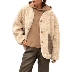 Bankeng Womens Fleece Jacket Long Sleeve Button Lightweight Teddy Jacket Fuzzy Sherpa Cropped Coats Outerwear