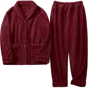 Women's Fleece Pajama Sets with Pockets, Long Sleeves Button Front Warm Pajamas Winter Sleepwear with Notched Collar