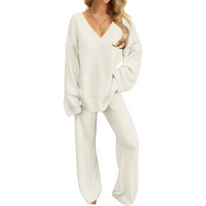 NORACORA Womens 2 Piece Fuzzy Fleece Lounge Sets Long Sleeve V Neck Pajama Set Fluffy Pjs Matching Loungewear