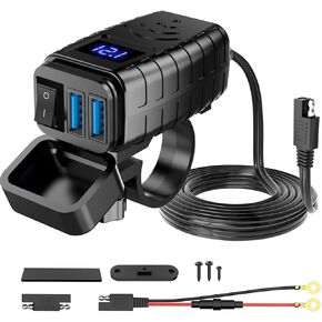 Motorcycle Phone Charger,Quick Charge 3.0 Dual USB Motorcycle Phone Charger with Voltmeter & ON/Off Switch,Waterproof Motorcycle Accessories for Phone, Tablet, GPS, etc