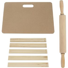 Lxmxgk 12 Pcs Pottery Tools Kit, Portable Wedging Board for Pottery with Built in Handle, Wood Rolling Pin Sculpting Polymer Clay Tools, 10 Pcs 5 Size Pottery Teaching Rolling Mud Stick Guide