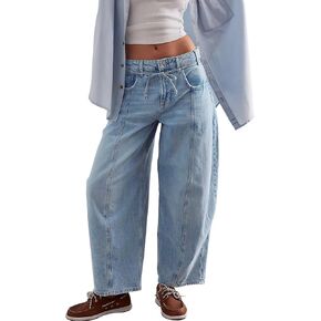 LifeShe Wide Leg Jeans Woman Mid Rise Baggy Jeans Loose Boyfriend Barrel Denim Pants with Drawstring