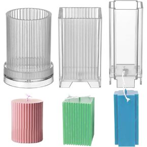 3 Pcs Plastic Candle Molds, Candle Making Molds, Including Square Stripe Mold, Cylinder Stripe Mold, and Sleek Crosslike Mold, Transparent Cylinder Molds for Beeswax