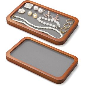 2 Pcs Wood Flat Jewelry Display Tray Small Stackable Jewelry Drawer Vintage Wooden Cosmetics Jewelry Organizer Holder for Rings Earrings Bracelets Necklace, 8.3 x 5.1 x 0.6 Inches