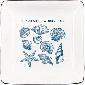 Vintage Summer Beach Jewelry Tray, Conch Starfish Shells Ceramic Jewelry Dish Tray for Rings & Earring for Girls, Ocean-themed Ring Dish, Worry Less Beach More Trinket Dish for Women