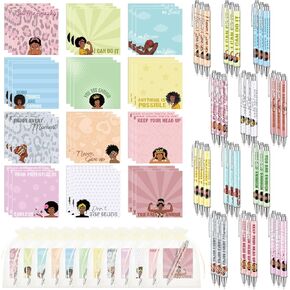 Yeaqee 72 Pcs Black Girl Sticky Notes with Motivational Pens Inspirational Gifts Set African American Self Stick Note Pads and Pens Employee Gifts Bulk for Women Girl Work Study School Office