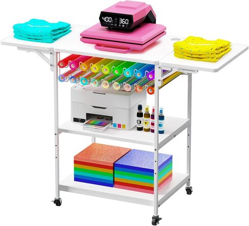 EasyCom 19.7"x46.5" Heat Press Table with 18 Vinyl Roll Holders, Adjustable Height 3 Tier Heat Transfer Machine Stand with Wheels, Foldable Crafting Table for DIY Sublimation Transfer Machine in Saudi Arabia