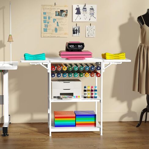 EasyCom 19.7"x46.5" Heat Press Table with 18 Vinyl Roll Holders, Adjustable Height 3 Tier Heat Transfer Machine Stand with Wheels, Foldable Crafting Table for DIY Sublimation Transfer Machine in Saudi Arabia