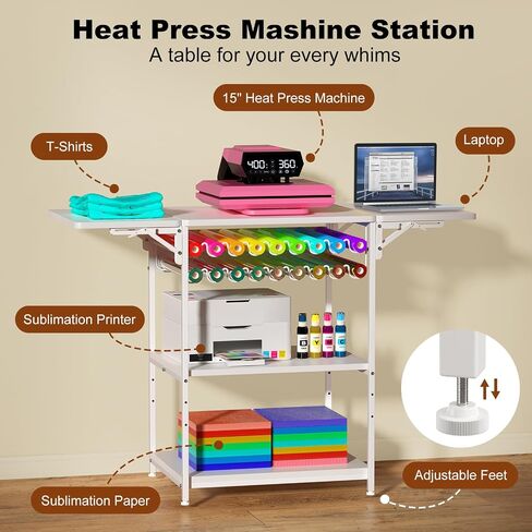 EasyCom 19.7"x46.5" Heat Press Table with 18 Vinyl Roll Holders, Adjustable Height 3 Tier Heat Transfer Machine Stand with Wheels, Foldable Crafting Table for DIY Sublimation Transfer Machine in Saudi Arabia