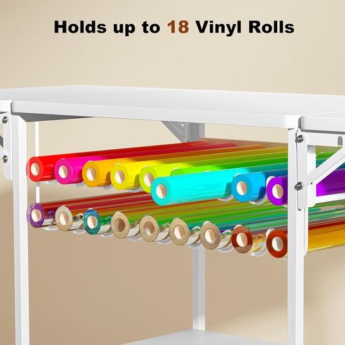 EasyCom 19.7"x46.5" Heat Press Table with 18 Vinyl Roll Holders, Adjustable Height 3 Tier Heat Transfer Machine Stand with Wheels, Foldable Crafting Table for DIY Sublimation Transfer Machine in Saudi Arabia