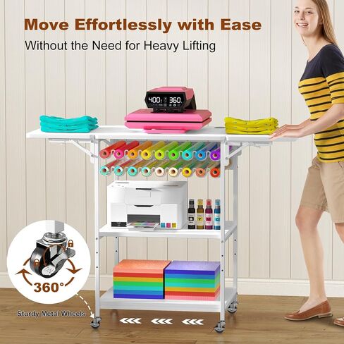 EasyCom 19.7"x46.5" Heat Press Table with 18 Vinyl Roll Holders, Adjustable Height 3 Tier Heat Transfer Machine Stand with Wheels, Foldable Crafting Table for DIY Sublimation Transfer Machine in Saudi Arabia