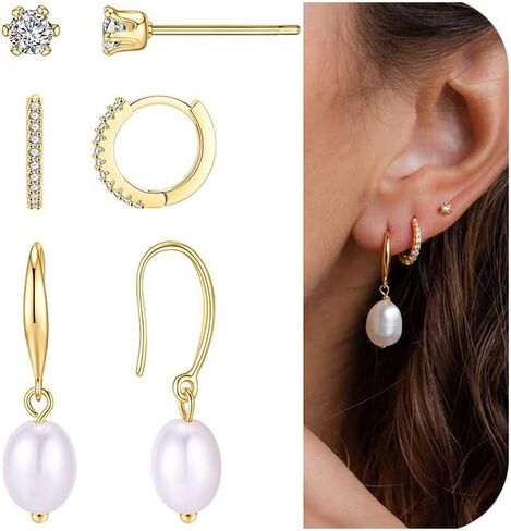 SONNYX 3-4 Pairs Dainty Gold Earrings Set for Women Sensitive Ears -Hypoallergenic 14K Gold Earring Sets for Multiple Piercing- Dangle Huggie Hoop Cartilage Stud Earrings Stacks in Saudi Arabia