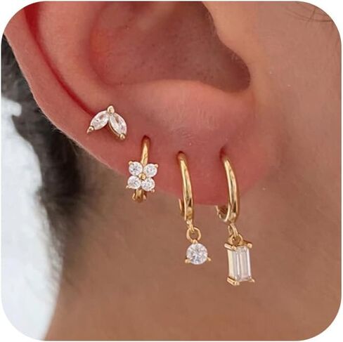 SONNYX 3-4 Pairs Dainty Gold Earrings Set for Women Sensitive Ears -Hypoallergenic 14K Gold Earring Sets for Multiple Piercing- Dangle Huggie Hoop Cartilage Stud Earrings Stacks in Saudi Arabia