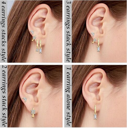 SONNYX 3-4 Pairs Dainty Gold Earrings Set for Women Sensitive Ears -Hypoallergenic 14K Gold Earring Sets for Multiple Piercing- Dangle Huggie Hoop Cartilage Stud Earrings Stacks in Saudi Arabia