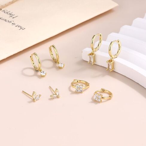 SONNYX 3-4 Pairs Dainty Gold Earrings Set for Women Sensitive Ears -Hypoallergenic 14K Gold Earring Sets for Multiple Piercing- Dangle Huggie Hoop Cartilage Stud Earrings Stacks in Saudi Arabia