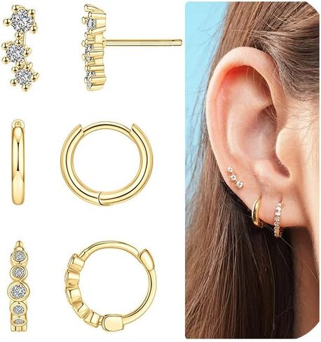 SONNYX 3-4 Pairs Dainty Gold Earrings Set for Women Sensitive Ears -Hypoallergenic 14K Gold Earring Sets for Multiple Piercing- Dangle Huggie Hoop Cartilage Stud Earrings Stacks in Saudi Arabia